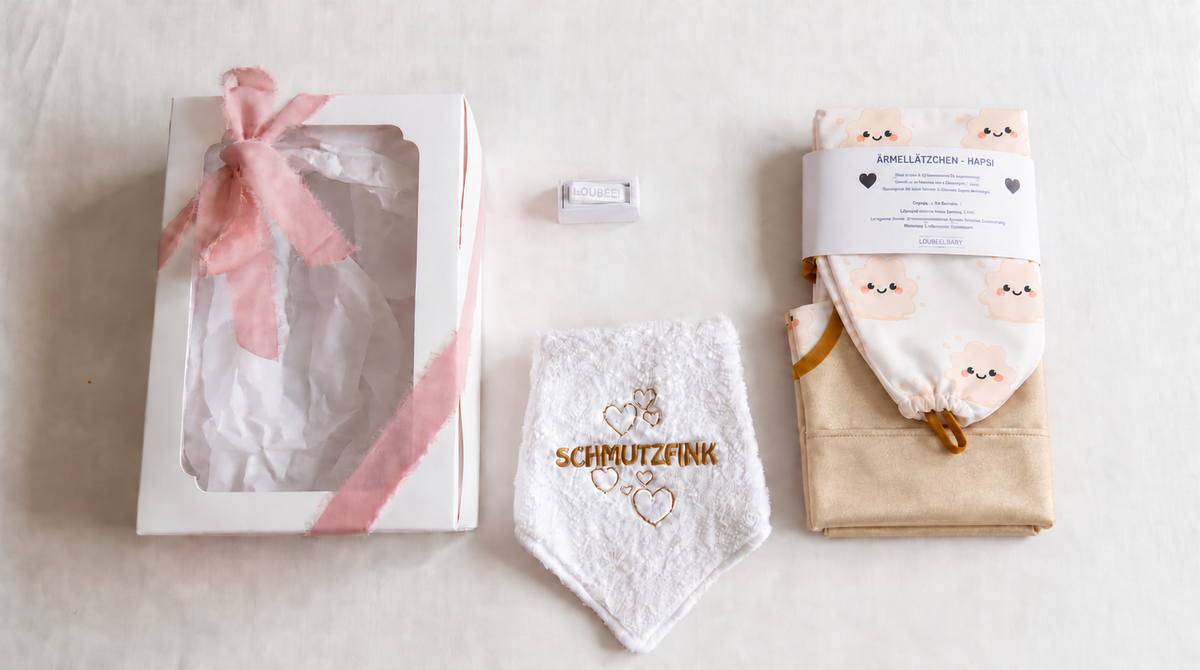 Geschenkbox, Waschtuch SCHMUTZFINK und HAPSI Klecksi Beige nebeneinander