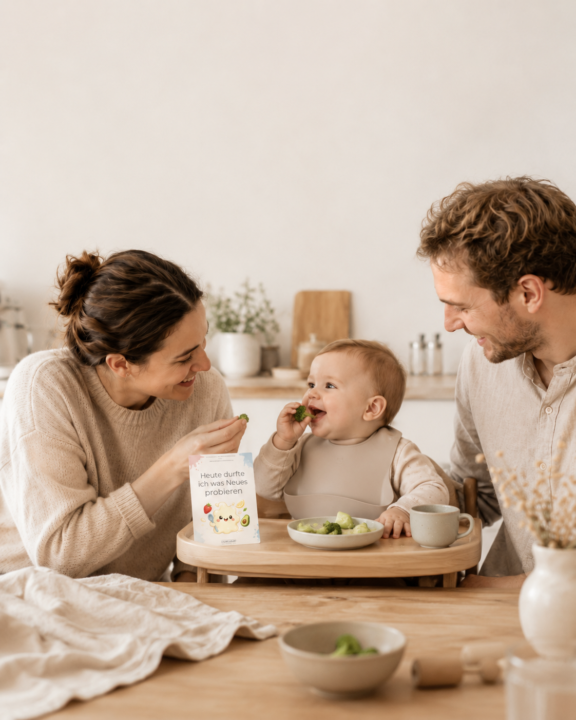 Familie am Esstisch mit einer Meilensteinkarte