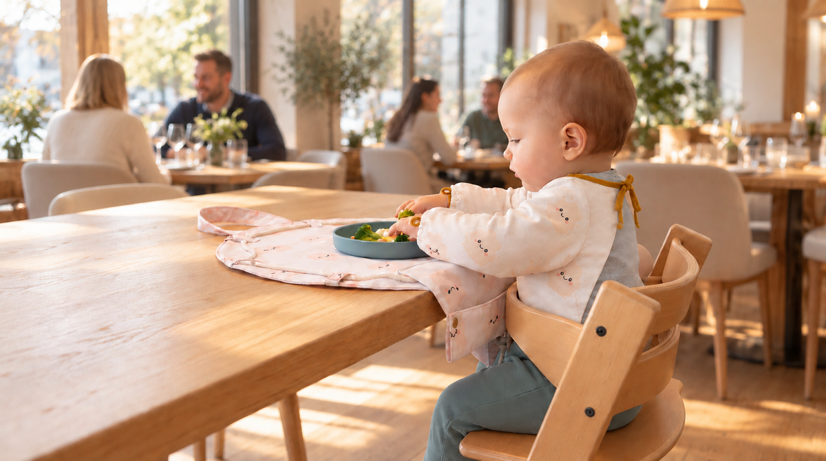 Kind isst im Restaurant auf der KLECKSI TO GO Essensunterlage