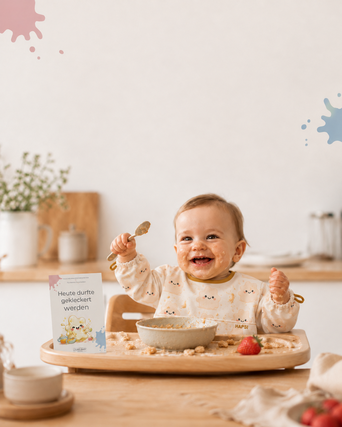 Lachendes Baby beim Essen, daneben eine Meilensteinkarte
