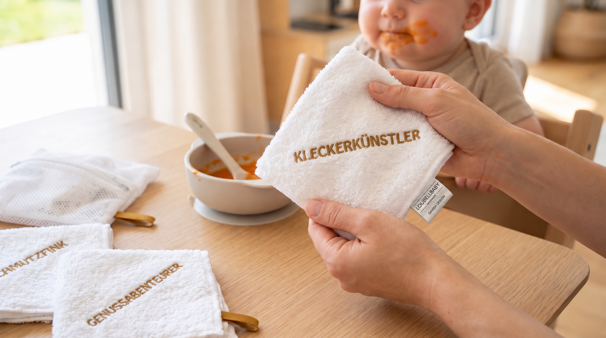 Erwachsene Hände wischen einem Baby mit dem Waschtuch KLECKERKÜNSTLER den Mund ab