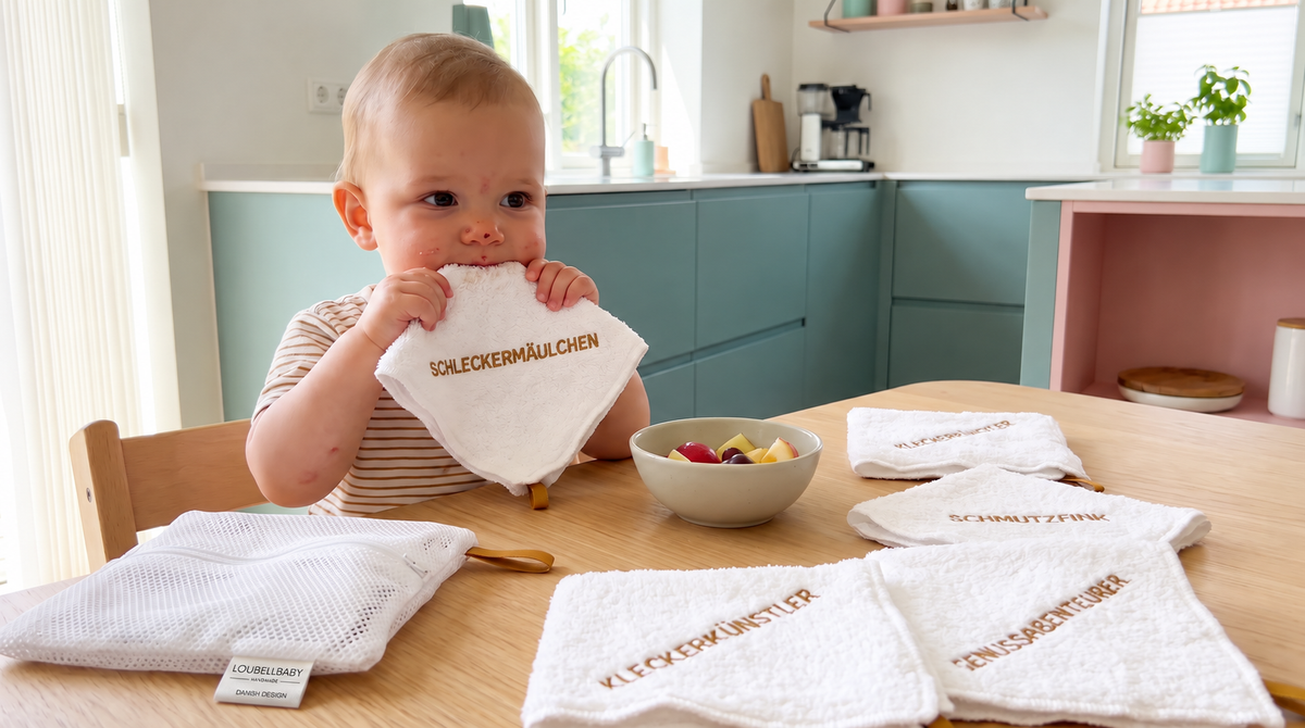 Baby am Tisch mit besticktem Waschtuch, daneben weitere Waschtücher