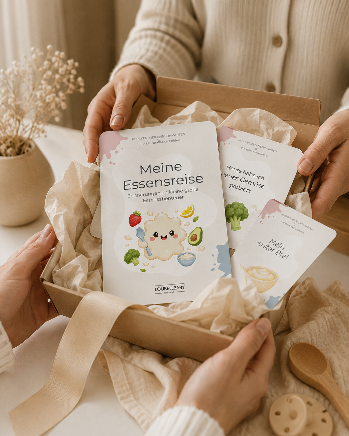 Hände packen die Meilensteinkarten Meine Essensreise aus