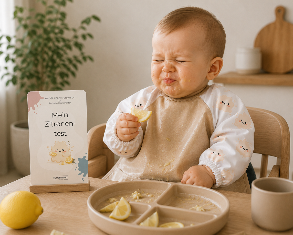 Baby probiert eine Zitrone, daneben die Karte Mein Zitronentest
