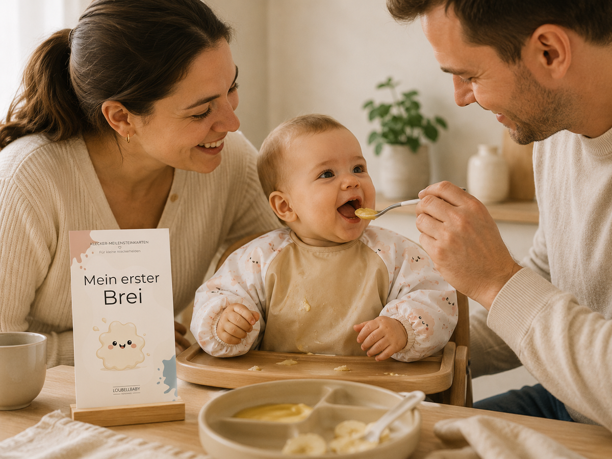 Eltern füttern ihr Baby, davor die Karte Mein erster Brei