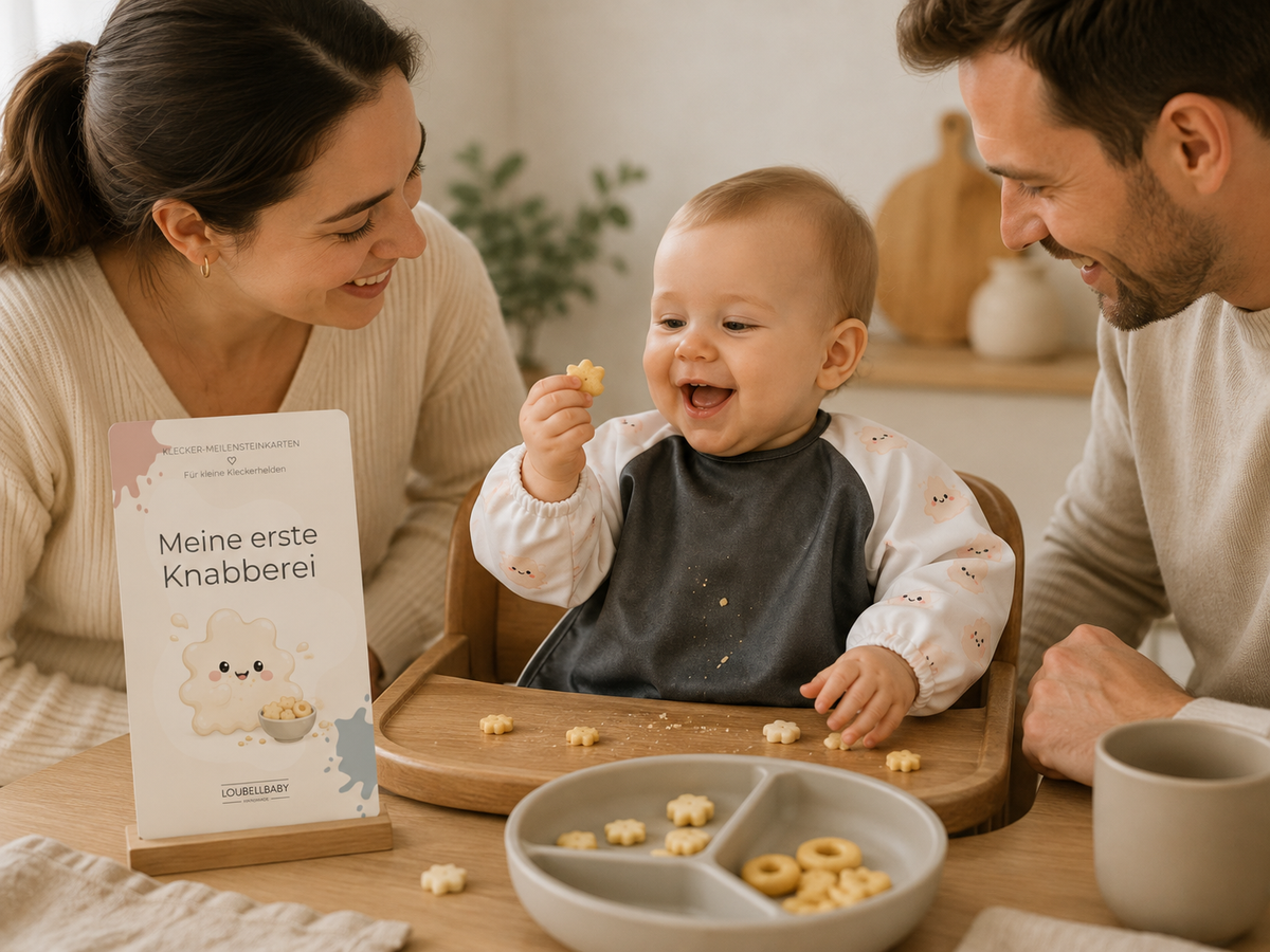 Lachendes Baby am Tisch mit Eltern und einer Meilensteinkarte