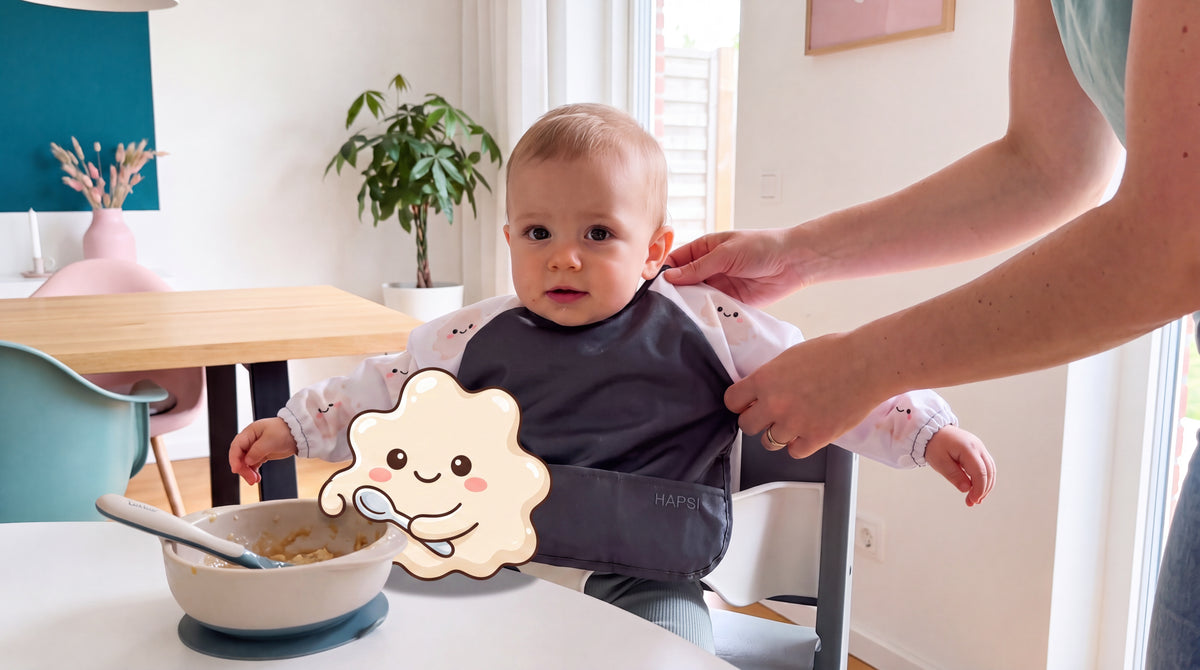 Baby mit HAPSI Klecksi Edition Anthrazit wird gefüttert, daneben Klecksi
