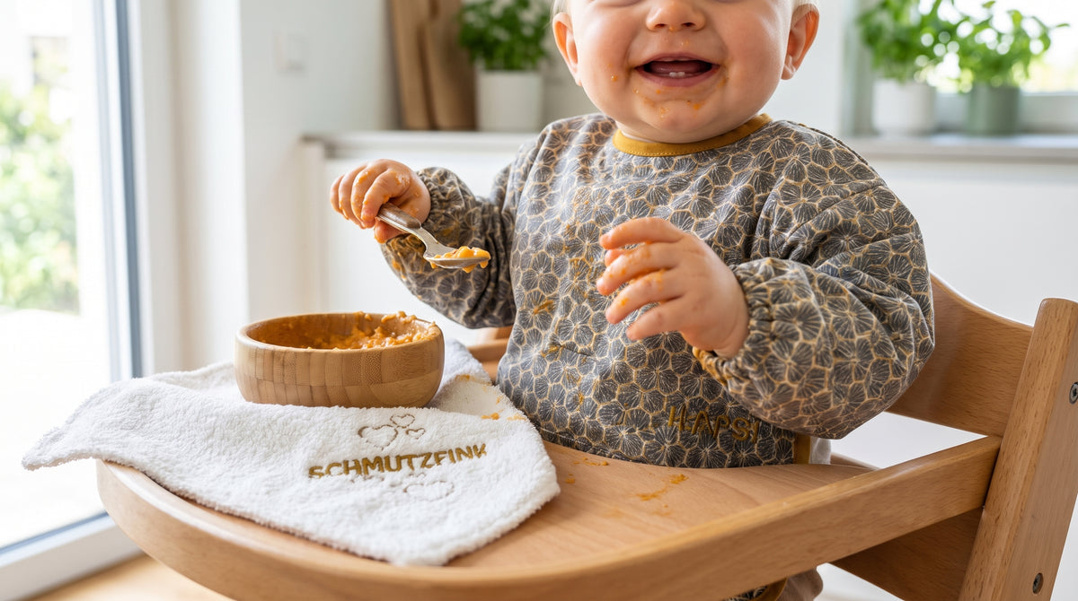 Lachendes Baby mit grauem HAPSI im Hochstuhl