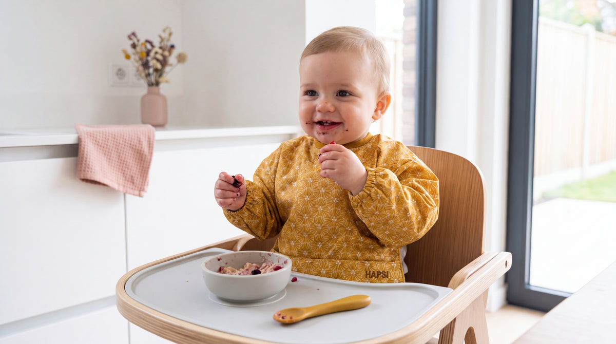 Baby mit gelbem HAPSI Ärmellätzchen lacht im Hochstuhl