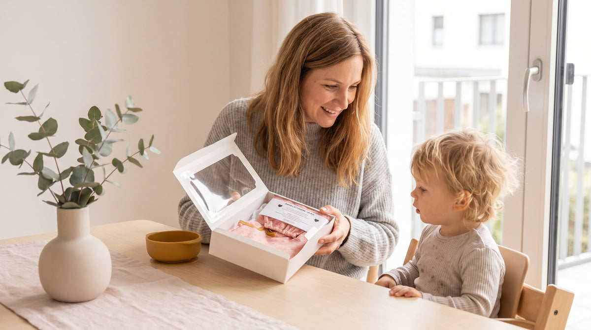 Mutter und Kind öffnen die Kleine Essens-Entdecker-Box am Tisch