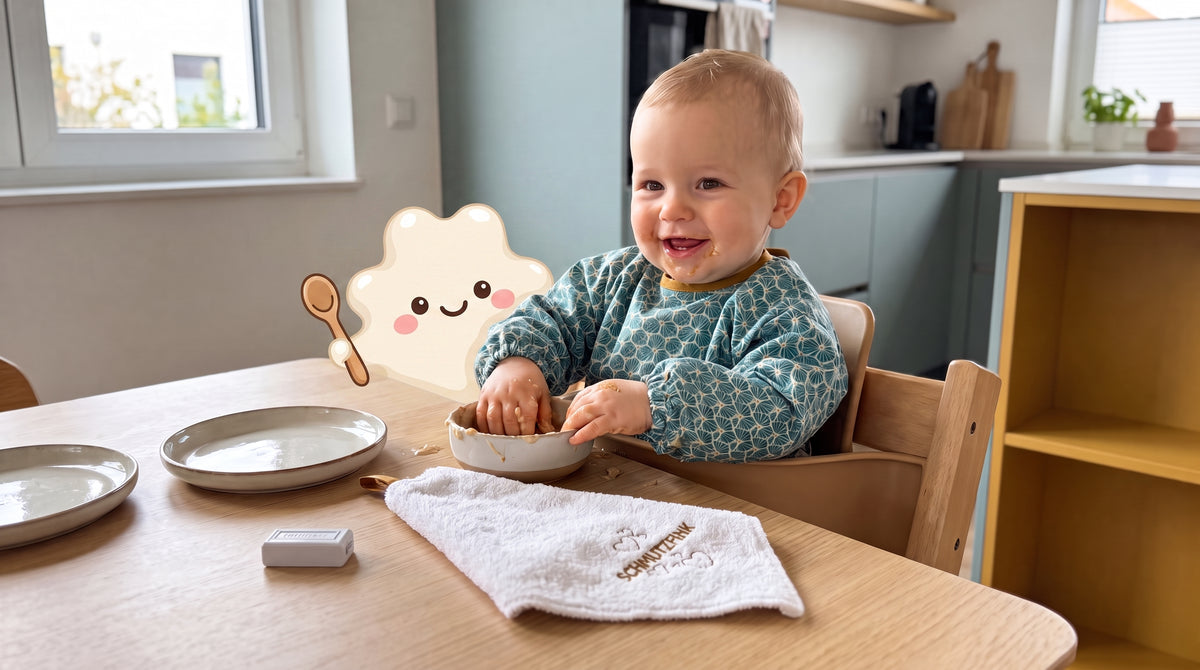 Lachendes Baby mit türkisem HAPSI am Tisch, daneben Klecksi