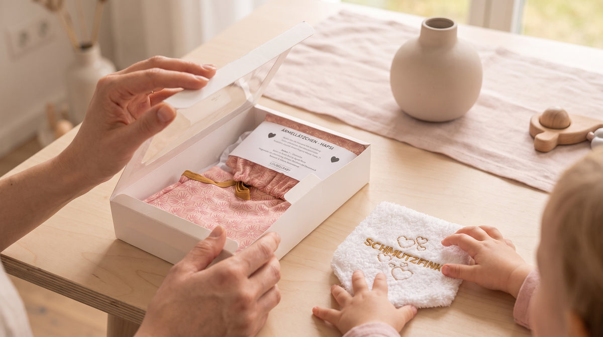 Geöffnete Geschenkbox Rosa mit HAPSI und Waschtuch