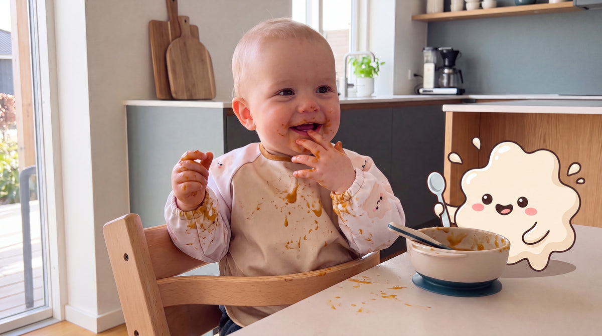 Lachendes Baby mit HAPSI Klecksi Beige, daneben Klecksi