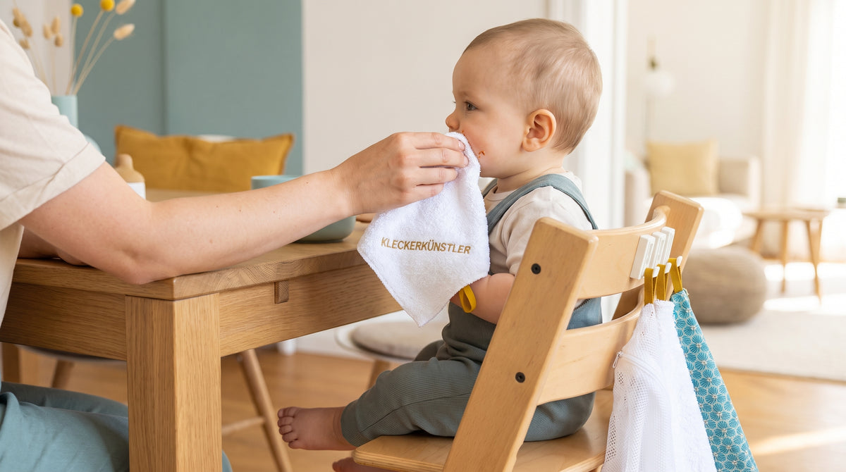 Baby im Hochstuhl bekommt mit einem Waschtuch die Hände abgewischt