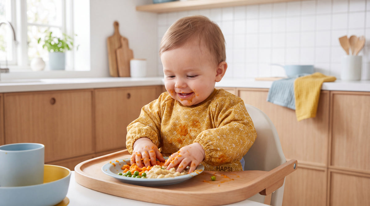 Baby mit gelbem HAPSI isst Fingerfood vom Teller