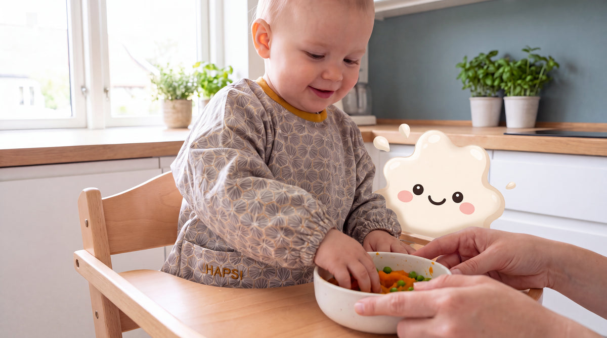 Baby mit grauem HAPSI wird gefüttert, daneben Klecksi
