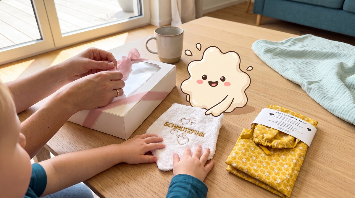 Kinderhände öffnen die Geschenkbox Gelb, daneben Klecksi