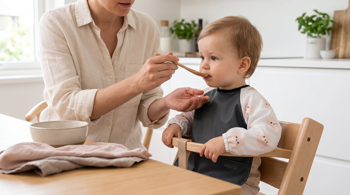 Baby mit HAPSI Klecksi Anthrazit wird gefüttert