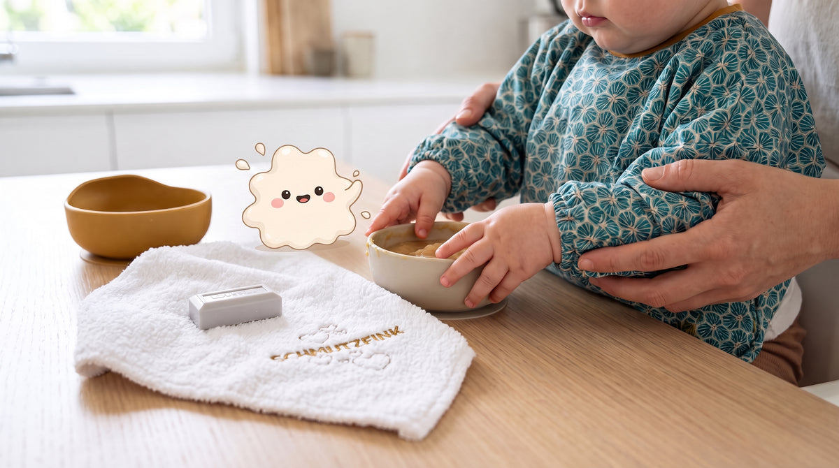 Baby mit türkisem HAPSI isst aus einer Schale, daneben Klecksi
