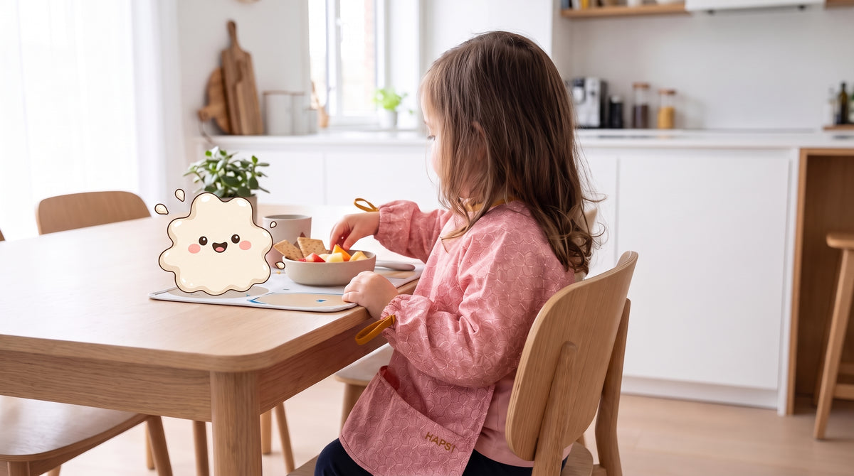 Kind mit rosa HAPSI Ärmellätzchen am Esstisch, daneben Klecksi