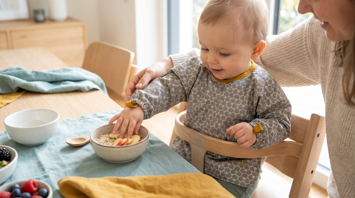Baby mit grauem HAPSI Ärmellätzchen isst am Tisch