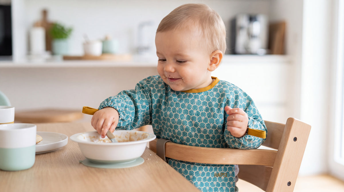 Baby mit türkisem HAPSI isst aus einer Schale