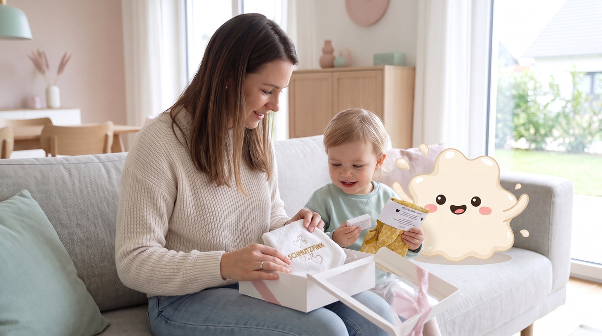 Mutter und Kind öffnen die Kleine Essens-Entdecker-Box Gelb, daneben Klecksi