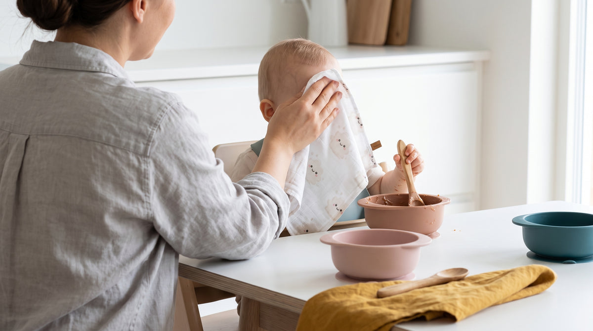 Baby bekommt mit dem Musselintuch den Mund abgewischt