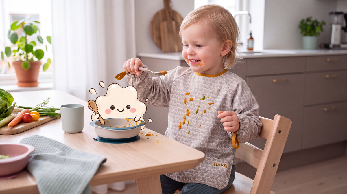 Kleinkind mit grauem HAPSI Ärmellätzchen am Esstisch, daneben Klecksi