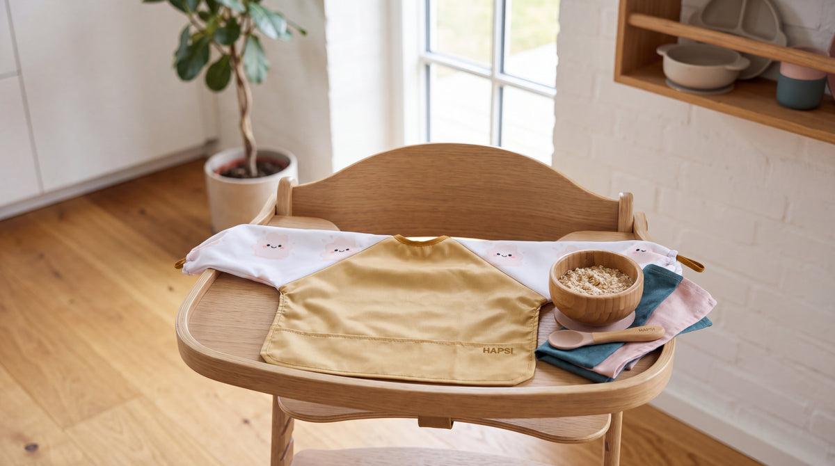 HAPSI Klecksi Edition Beige liegt auf dem Hochstuhl-Tablett