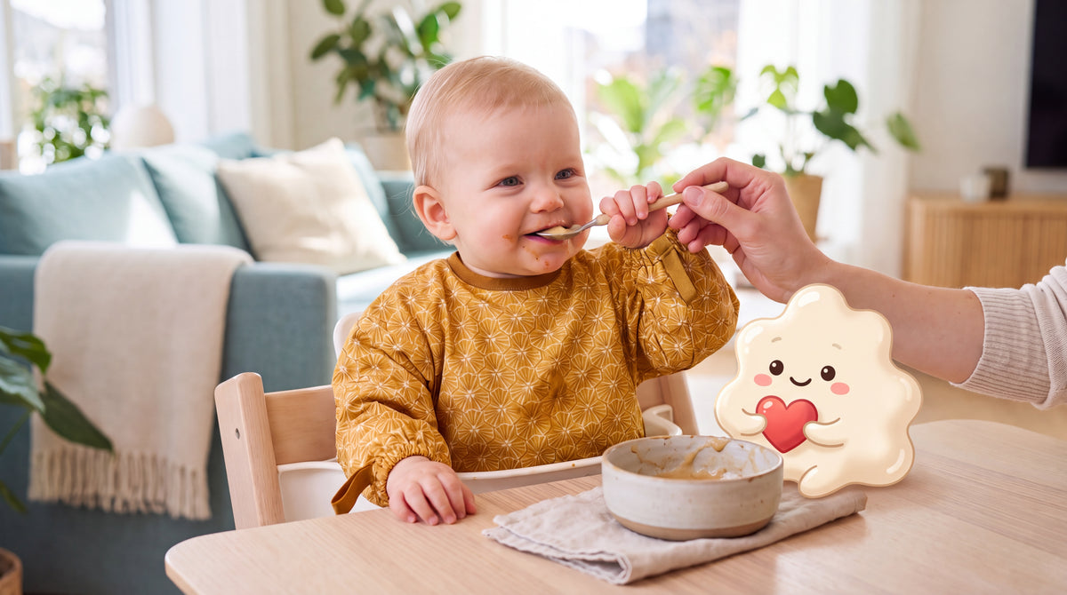 Baby mit gelbem HAPSI wird gefüttert, daneben Klecksi