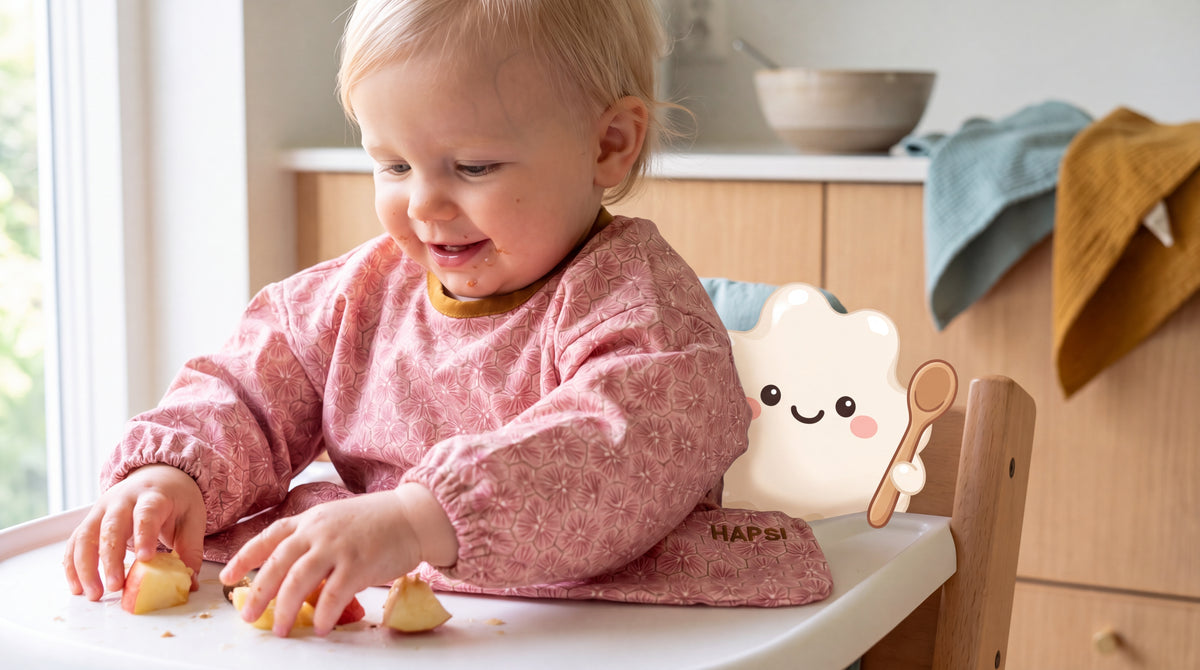 Baby mit rosa HAPSI Ärmellätzchen beim Fingerfood, daneben Klecksi